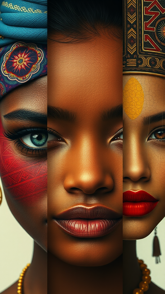 Three faces representing diverse cultures, showcasing beauty through makeup and accessories.