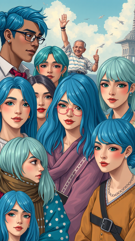 A group of people with blue hair, showcasing diverse styles and expressions.
