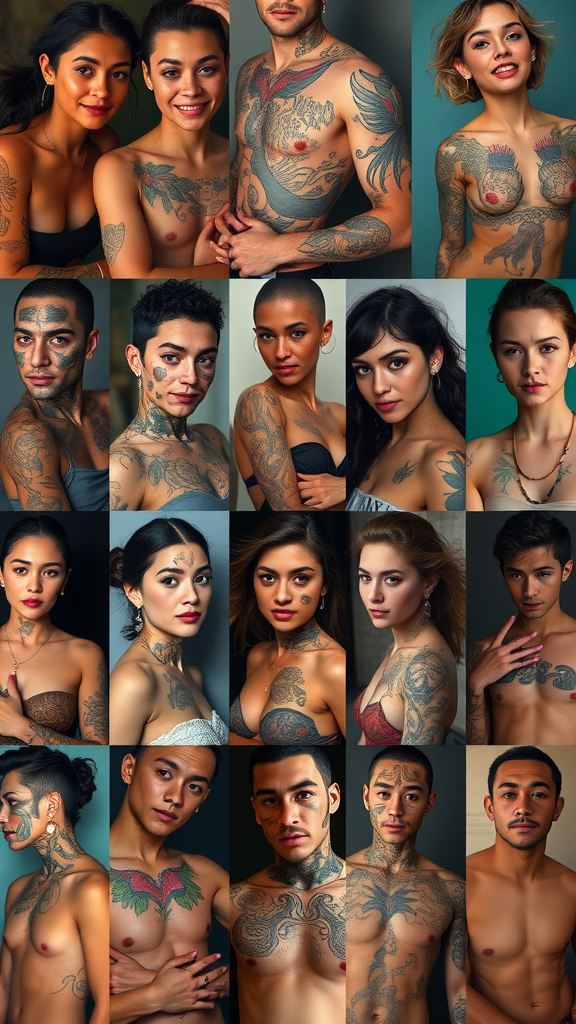 A diverse collection of individuals showcasing their body art, featuring various tattoo styles and designs.