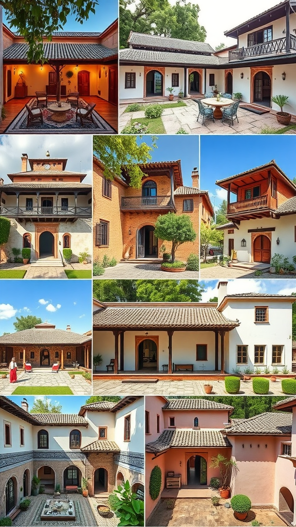 A collage of various courtyard designs showcasing cultural significance.