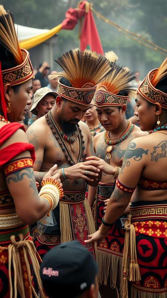 A group of people in traditional attire displaying cultural tattoos during a ceremony.