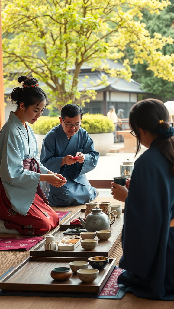 A traditional Japanese tea ceremony with three participants in traditional attire, engaged in the ritual surrounded by nature.