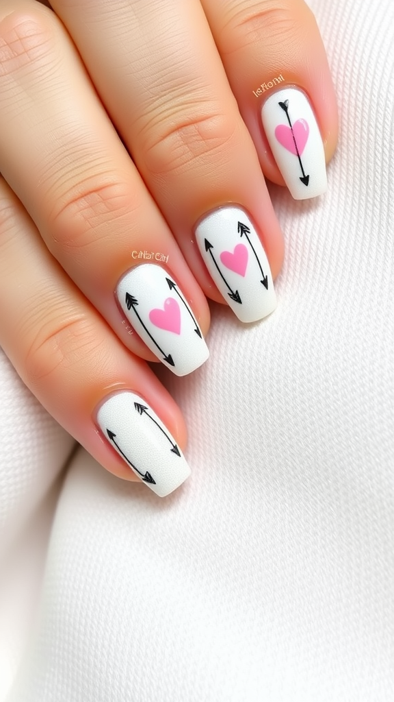 Nail art featuring pink hearts and arrows on a white background