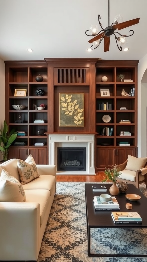 A cozy living room with custom built-in shelving and a fireplace.