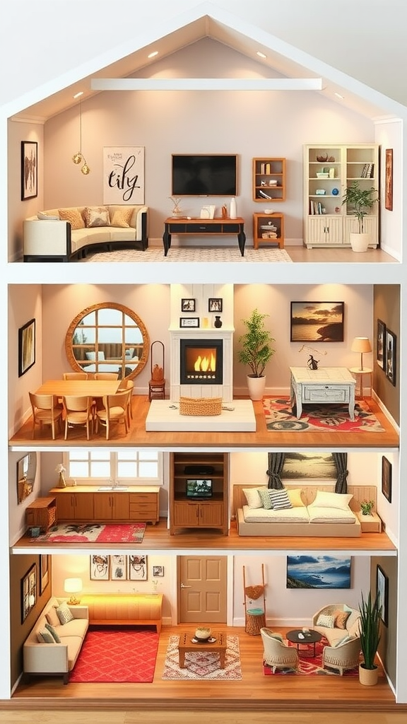 A multi-level dollhouse interior showing different rooms with various furniture and decor styles.