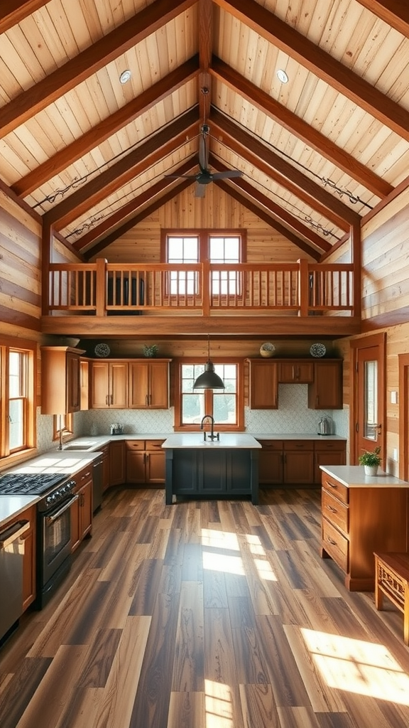 Interior of a stylish pole barn kitchen with wooden cabinets and high ceilings