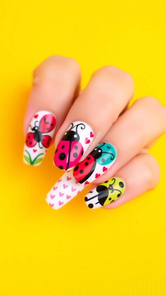 Colorful nail art featuring ladybugs and hearts on a bright yellow background.