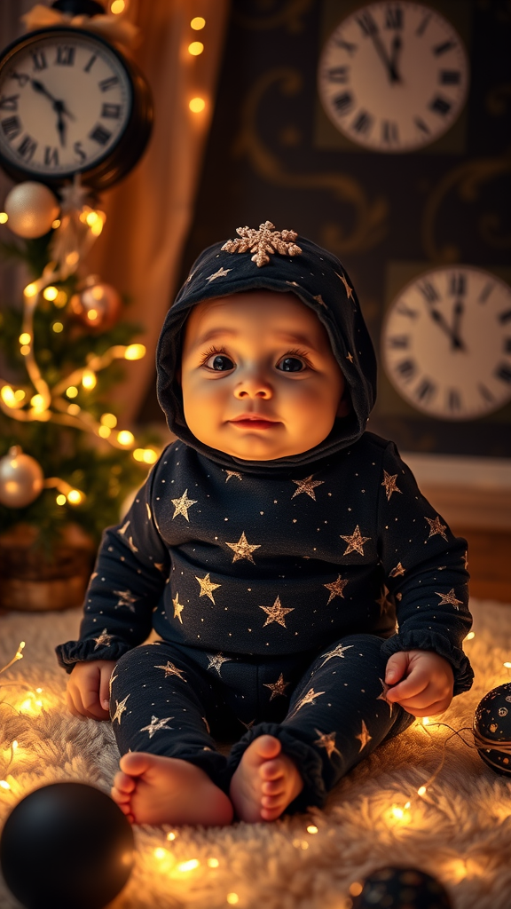 A cute baby wearing a star-patterned outfit, sitting amidst twinkling lights and holiday decor.