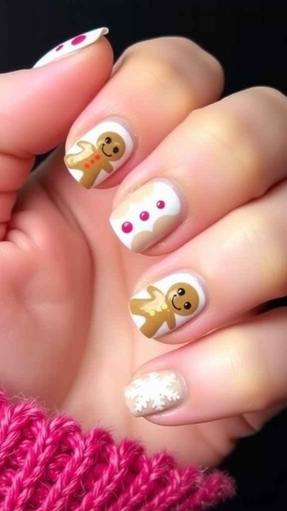 Nail art featuring cute gingerbread men and festive designs