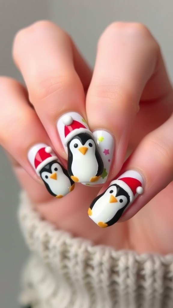 Nail art featuring cute penguins wearing Santa hats