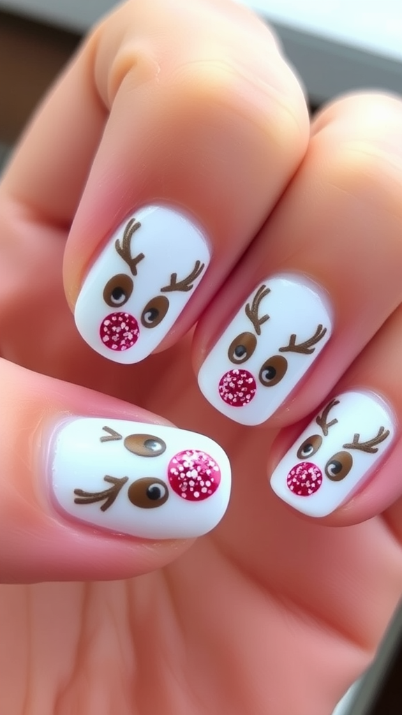 Close-up of cute reindeer nail art design