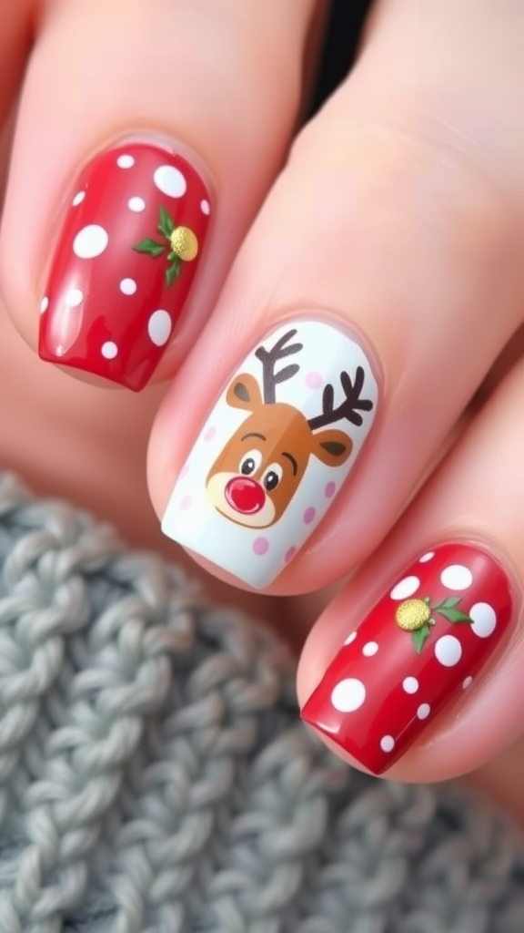 Nail art featuring Rudolph with red polka dots and festive elements.