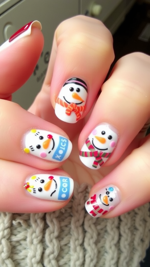 Nail design featuring cute snowmen with colorful scarves and hats