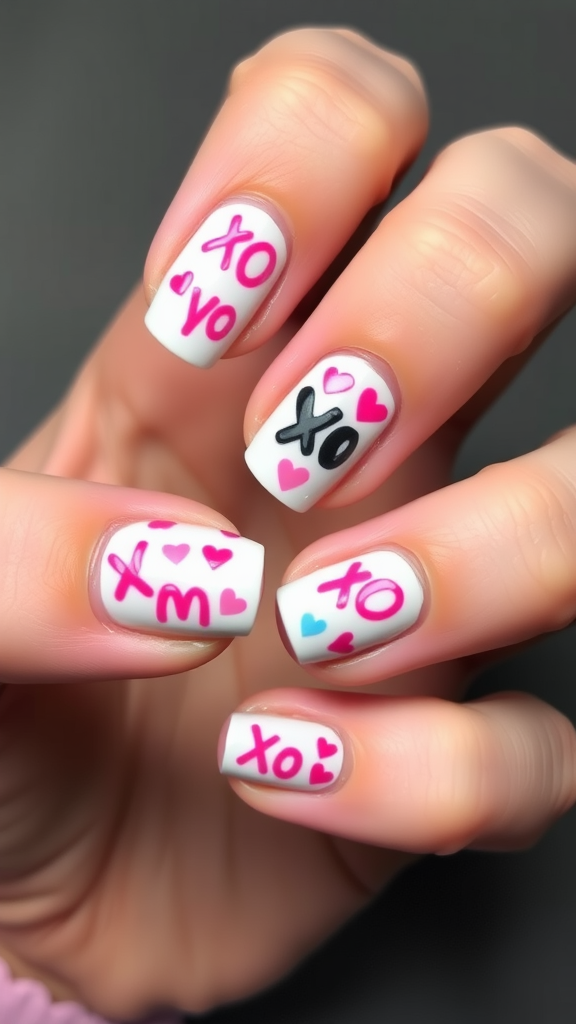 Nails with XOXO and heart designs in pink and black on a white background.