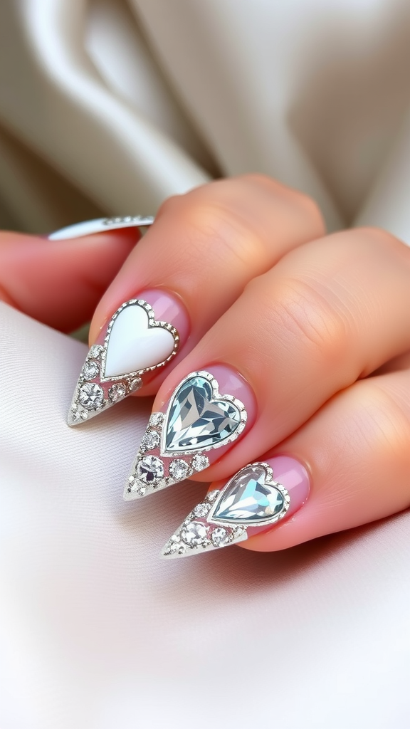 Nail design featuring heart-shaped gemstone accents on a soft background