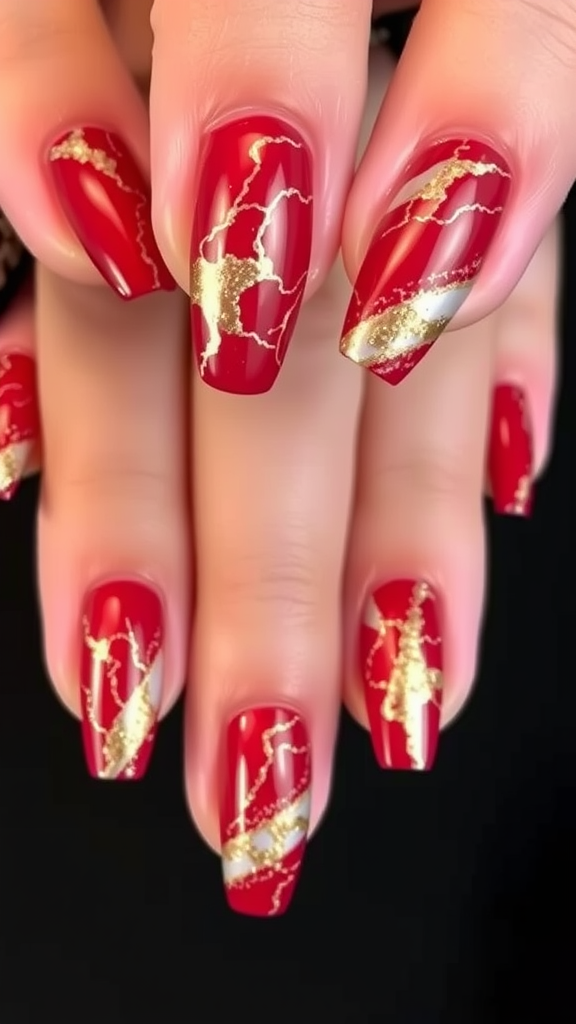 Nail design featuring red base with gold marble accents