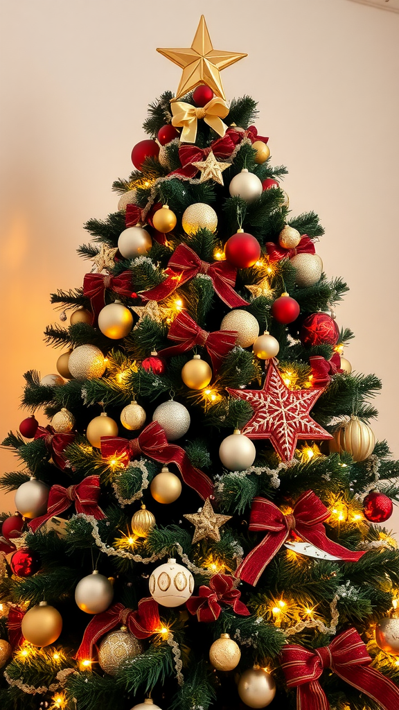 A beautifully decorated Christmas tree with red and gold ornaments, ribbons, and a star on top.