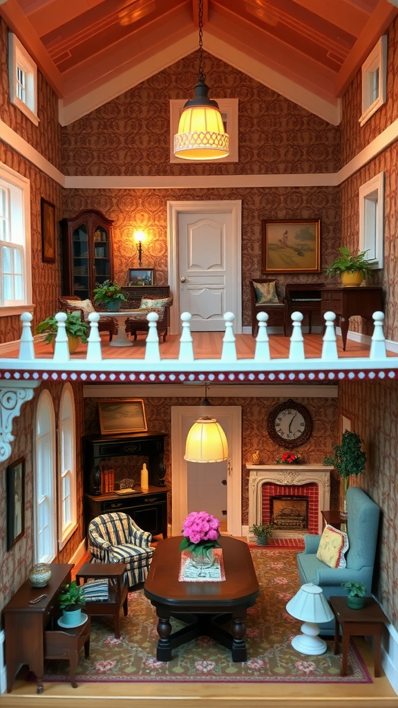 Interior view of a dollhouse featuring vintage decor, warm lighting, and cozy furnishings