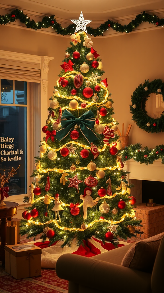 A beautifully decorated Christmas tree with red and gold ornaments, a blue bow, and warm lights.