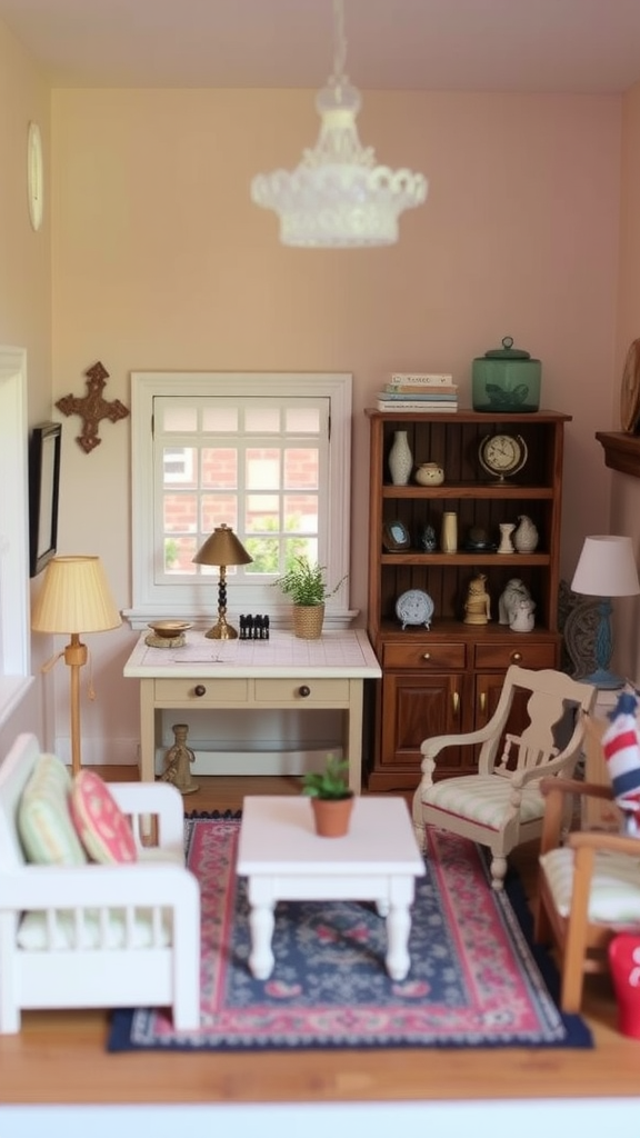 Cozy living space with white furniture, colorful cushions, and themed accessories