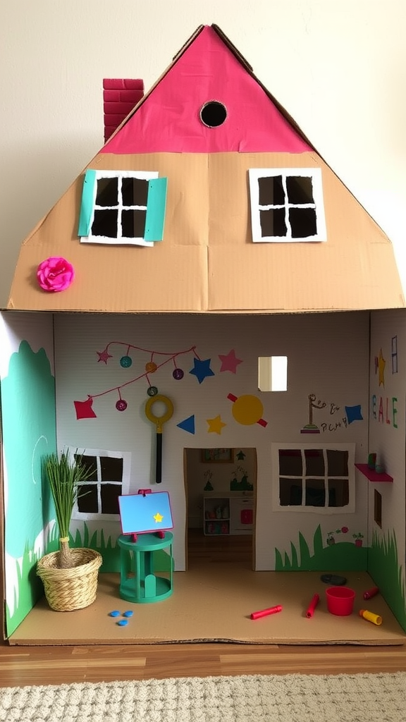 A decorated cardboard playhouse featuring a pink roof, colorful windows, and a vibrant interior with a small chair and potted plant.