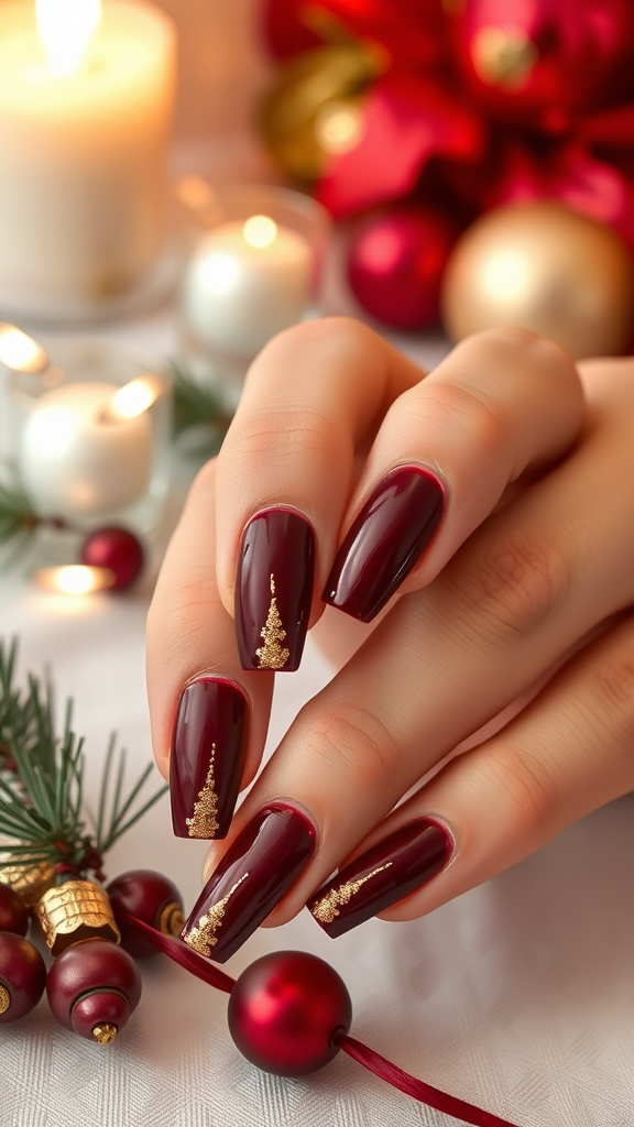 A close-up of hands with deep burgundy nails featuring gold foil designs, surrounded by holiday decorations.