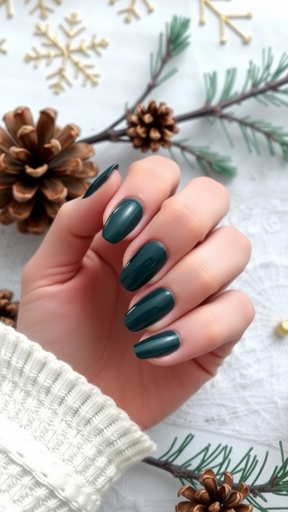 A hand with deep green nails resting on a white surface decorated with pinecones and greenery.