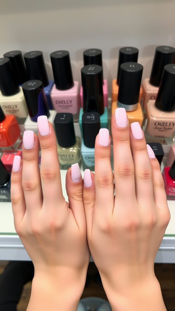 Two hands showing square and almond nails with various nail polish colors in the background.