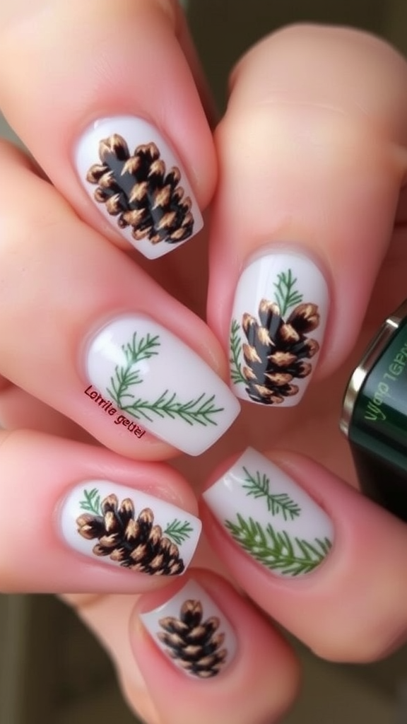 Nail art featuring pine cones and green leaves on a white background.