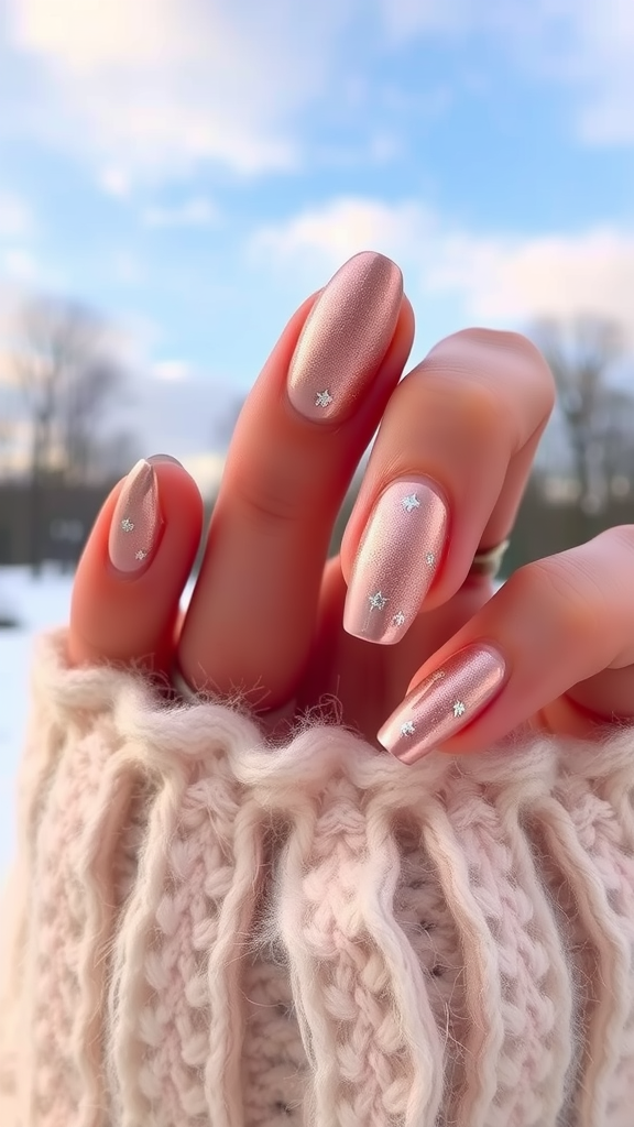 Close-up of a hand with rose gold nails featuring star designs, against a snowy background.