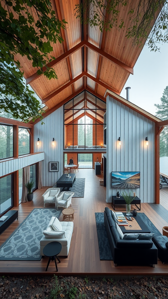 Interior view of a modern pole barn house showcasing wooden beams, spacious layout, and large windows.