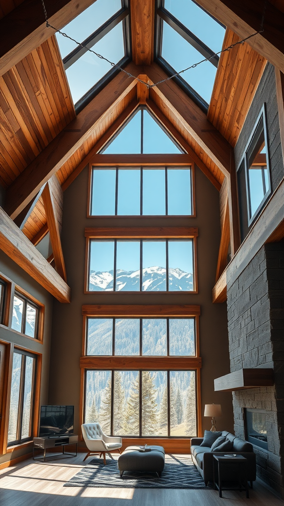 Interior of a mountain home featuring large windows, wooden beams, and a cozy seating area