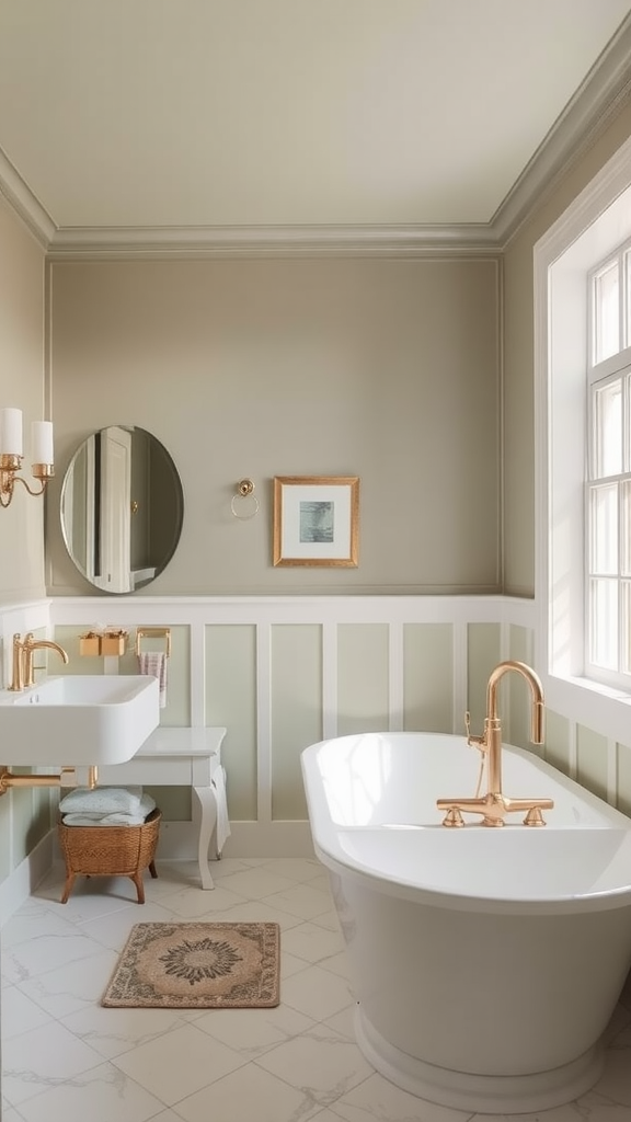 A stylish bathroom featuring a freestanding tub, gold fixtures, and a soft color palette.