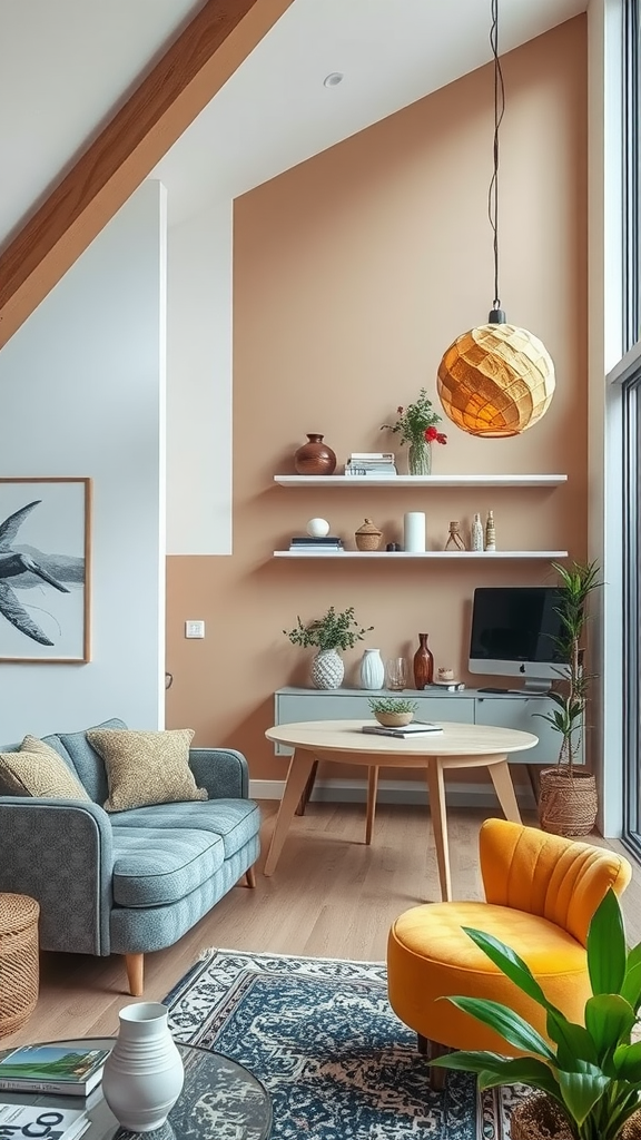 Cozy living room with modern design elements, featuring a blue couch, orange armchair, wooden table, and decorative plants.