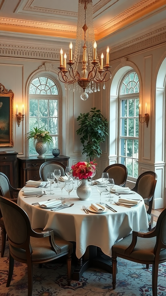 Elegant dining room with round table, chandelier, and large windows