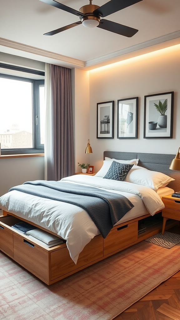 A cozy bedroom featuring a bed with built-in storage drawers underneath, warm wooden tones, and decorative elements like framed pictures and potted plants.