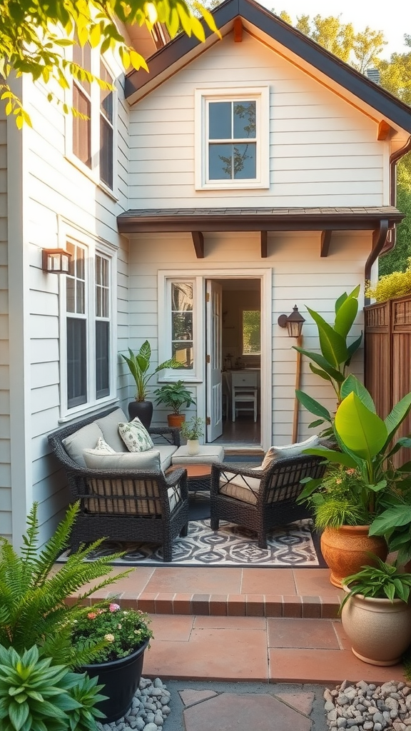Cozy outdoor seating area with plants and decorative elements.