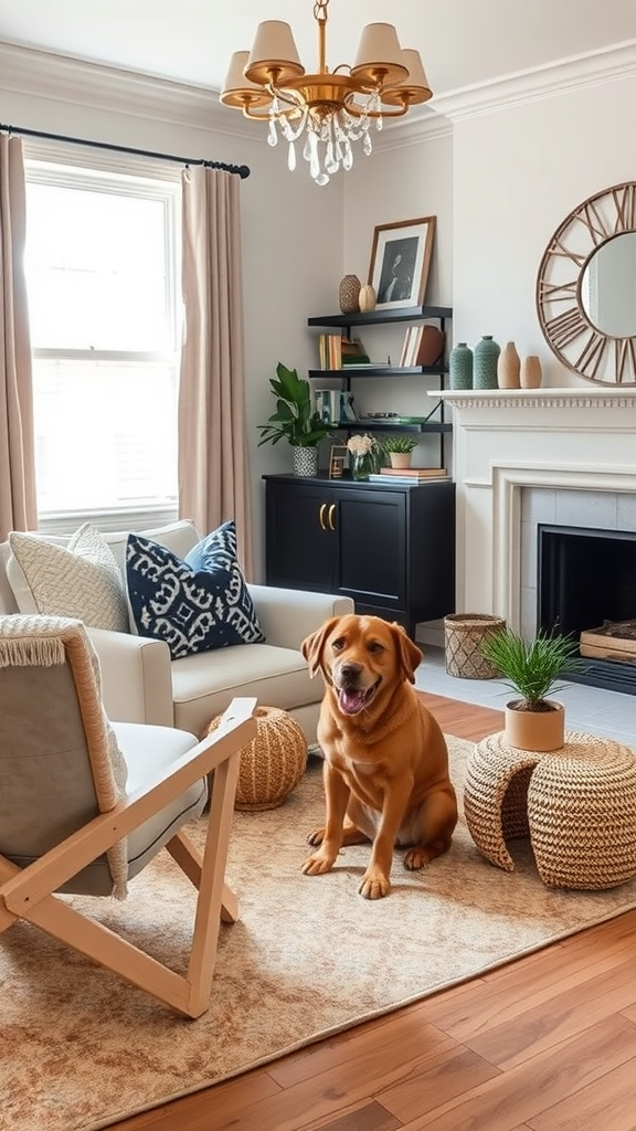 A cozy living room featuring a happy dog, a stylish chair, and pet-friendly decor.