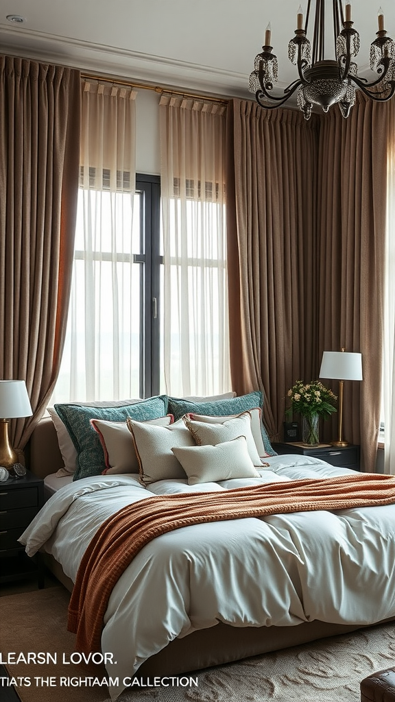 A stylish bedroom featuring layered textures with soft bedding, decorative pillows, warm throw blanket, and elegant curtains.