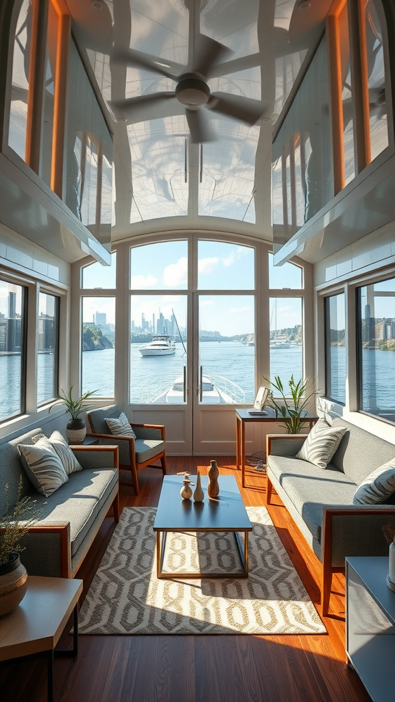 Interior of a stylish houseboat with large windows and comfortable seating