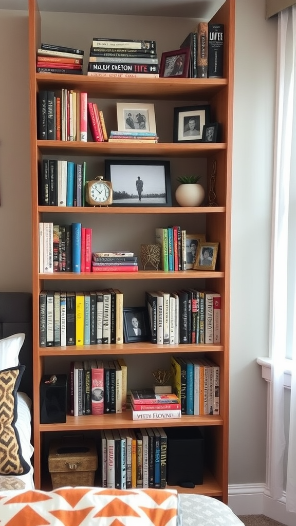 A wooden bookshelf in a bedroom filled with various books, photographs, a clock, and decorative items.