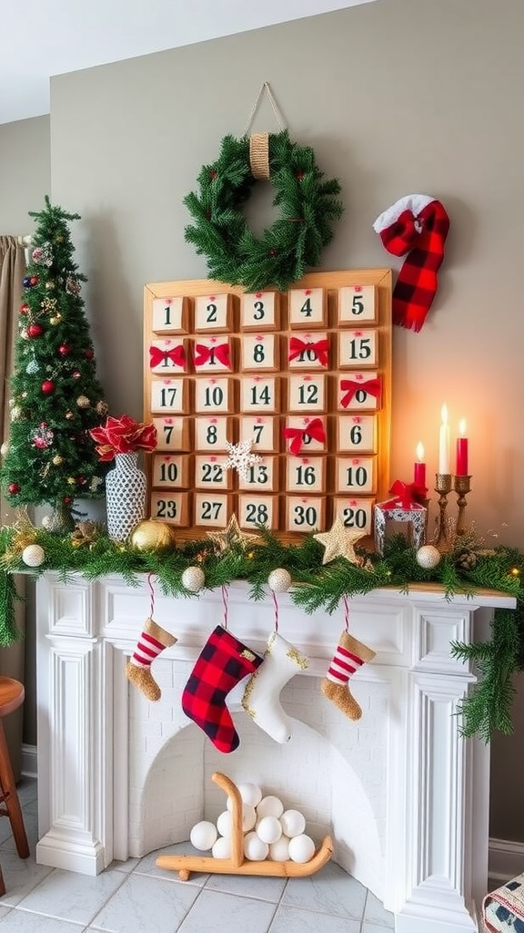 Festive DIY advent calendar display with candles, stockings, and holiday decorations