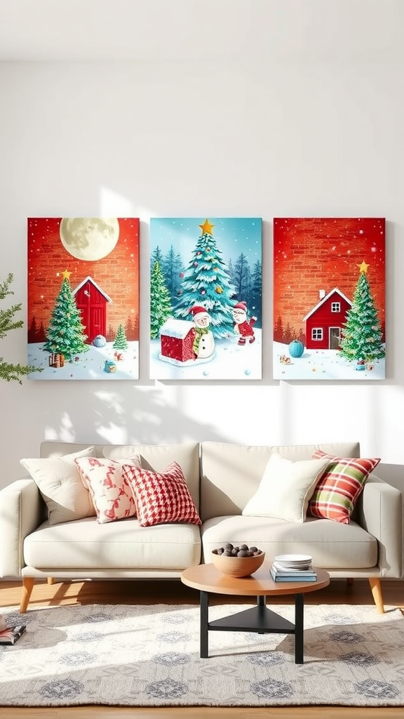 Three Christmas-themed canvas paintings featuring snowy scenes with a snowman, Christmas tree, and cozy red houses.