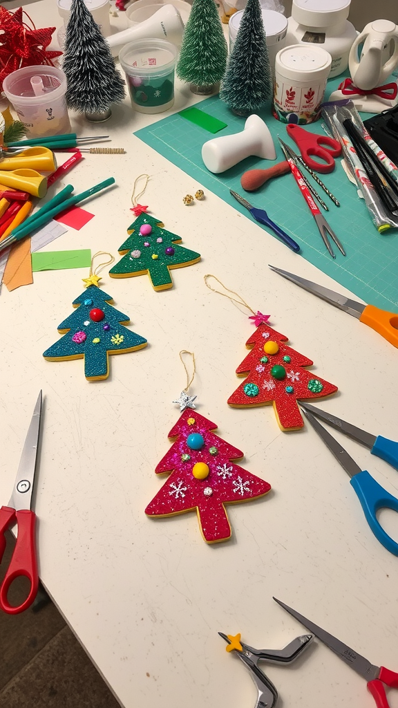 Colorful DIY Christmas tree ornaments on a crafting table surrounded by supplies.