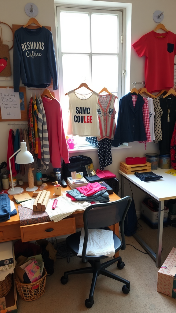 A cozy crafting workspace filled with colorful clothing and sewing supplies