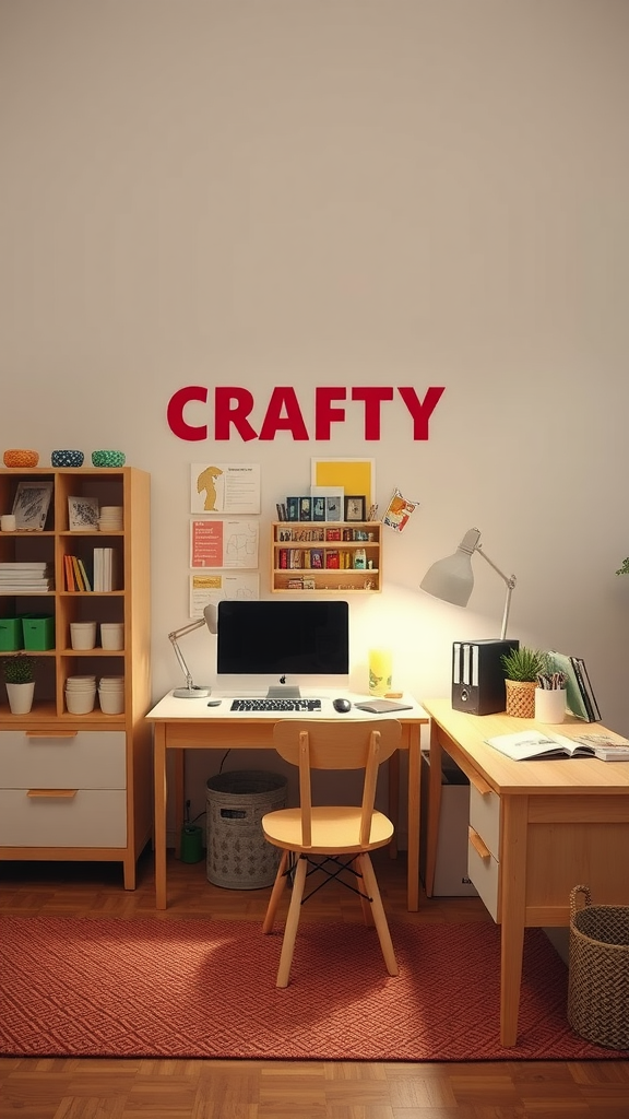 A DIY crafting station featuring IKEA furniture with a 'CRAFTY' sign, a desk with a computer, shelves with supplies, and a warm rug.