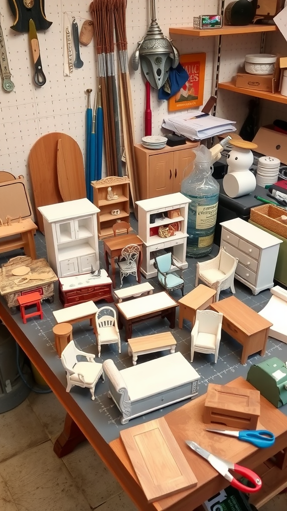 A workspace filled with various DIY miniature furniture pieces for dollhouses.
