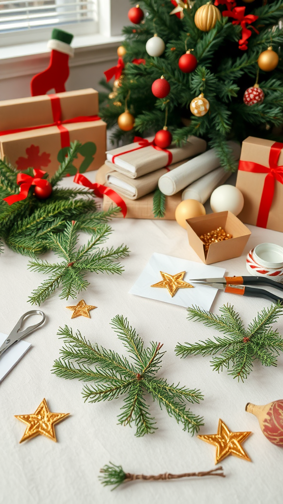 A cozy holiday scene with pine needles and decorations on a table.