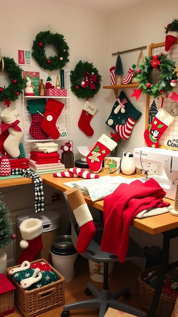Cozy crafting workspace filled with colorful holiday stockings and decorations.