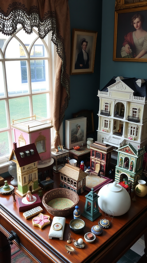 A colorful display of dollhouse miniatures, including various houses and decorative items on a wooden table.